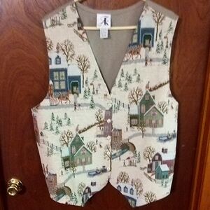Vintage Tapestry Country Snow Village Vest Size 26/38